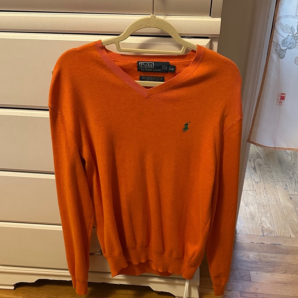 Polo by Ralph Lauren Men's Bright Orange V-Neck Sweater